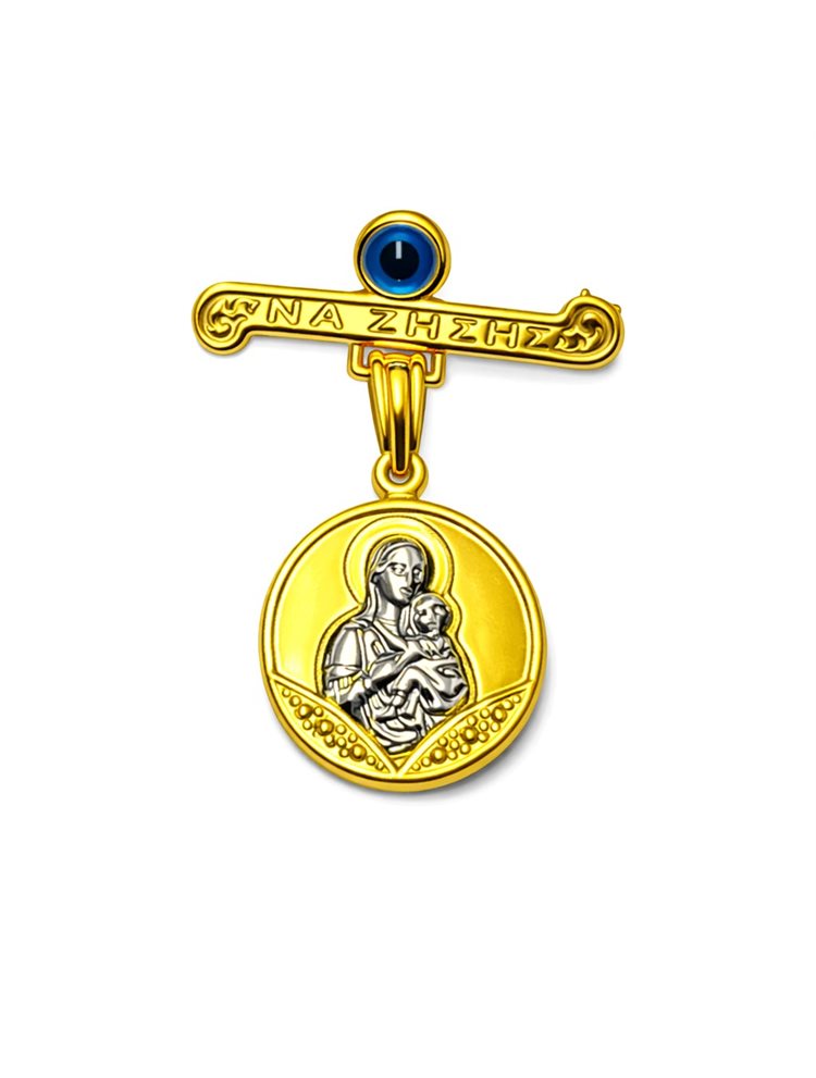 Παιδικό φυλαχτό παραμανά από επιχρυσωμένο ασήμι 925 διπλής όψης με την Παναγία και πίσω κωνσταντινάτο