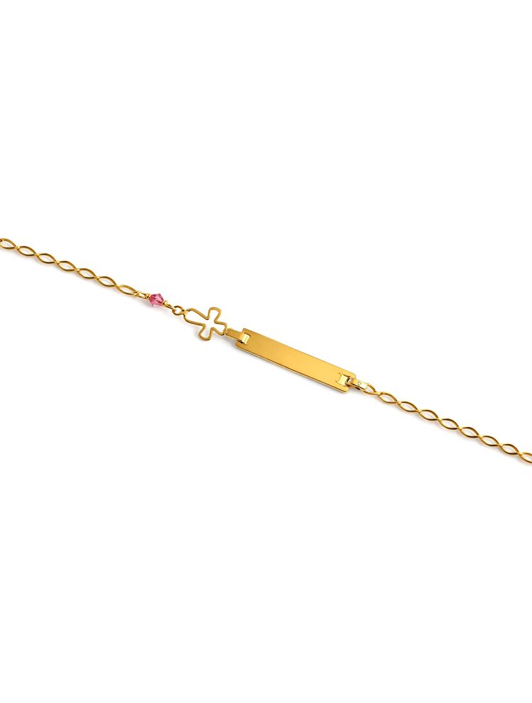 Παιδική Ταυτότητα Χρυσή Κ9 με Σταυρό & Ροζ Πέτρα για Κορίτσι